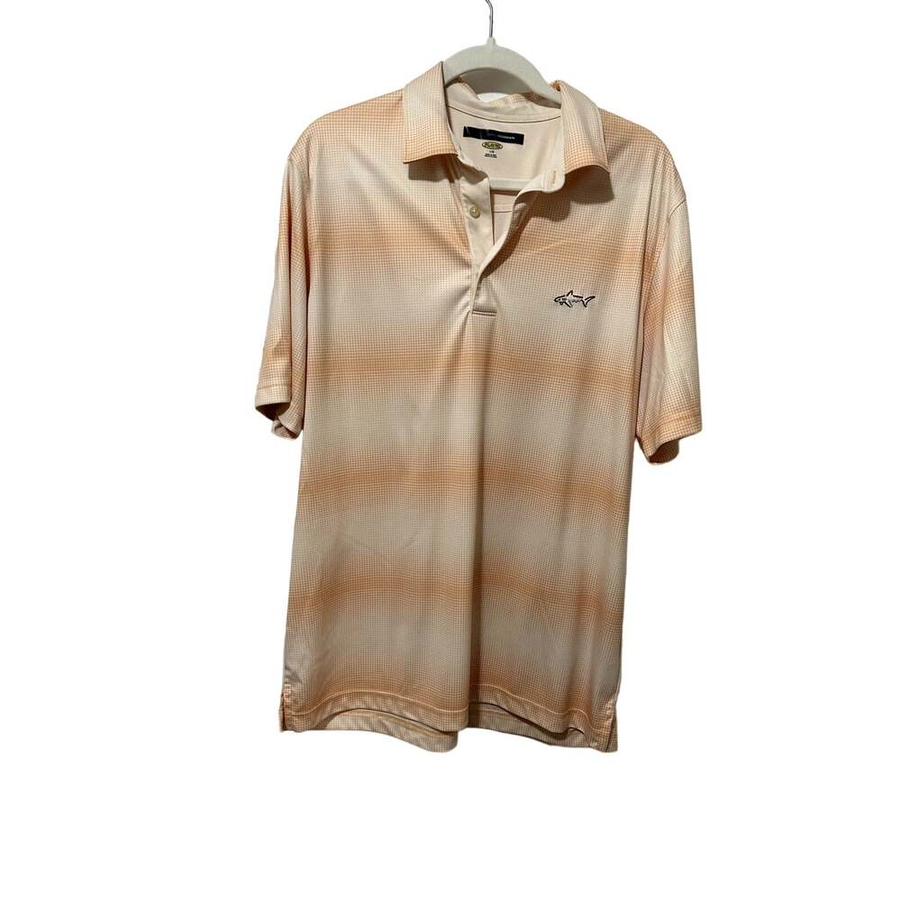 Greg Norman Play Dry Shark Orange and Cream Polka Dot Polo Golf Shirt Size L EUC